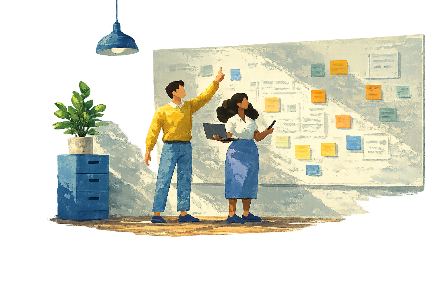 Two people planning at a whiteboard covered in sticky notes